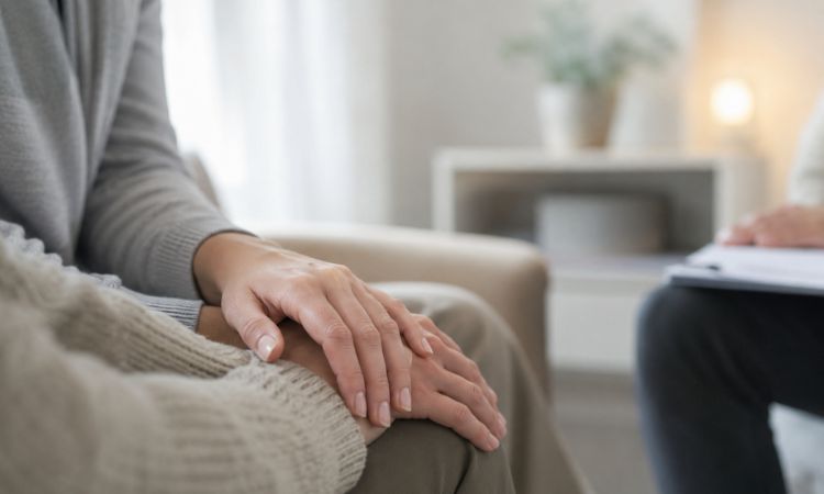 Profesional sanitario acompañando emocionalmente a una persona en duelo durante una sesión de apoyo en cuidados paliativos.